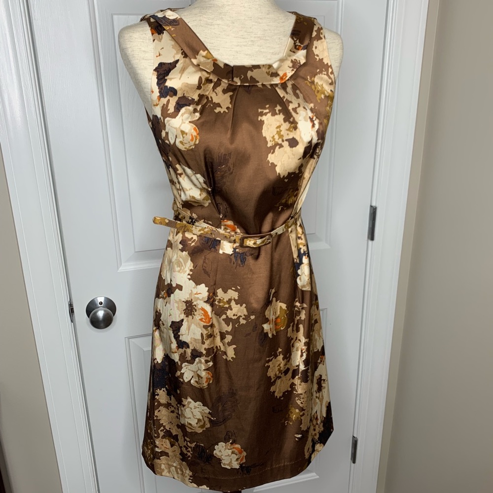 Talbots Brown Floral Belted Sheath Dress Sz 2P